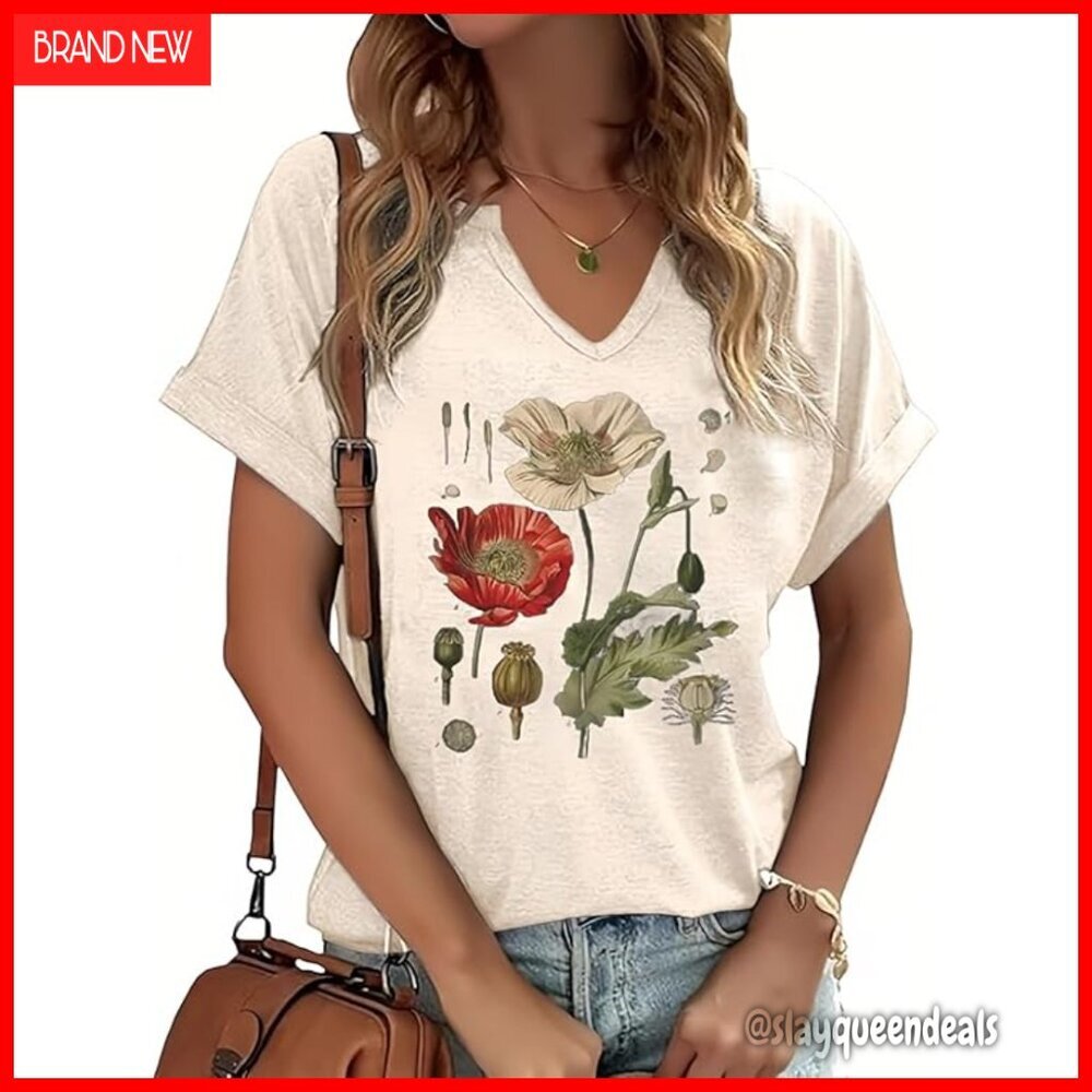 V-Neck Cropped T-Shirt Cotton Blend Casual Graphic Tee Women's Top